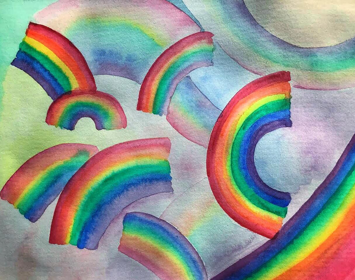 Watercolour artwork of multiple rainbows